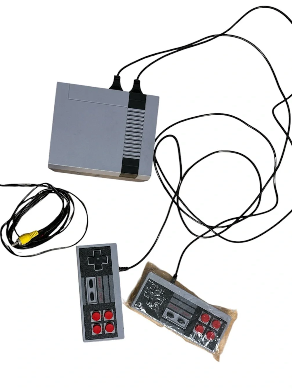 Retro Style Gray Gaming Console with Red-Button Wired Controllers